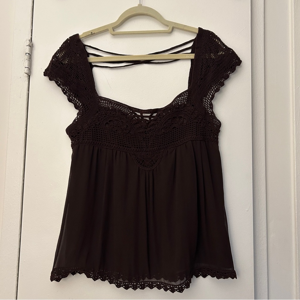 MaxAzria Collection Crochet Silk Boho Blouse Top Open Back in Brown (Size Large)
